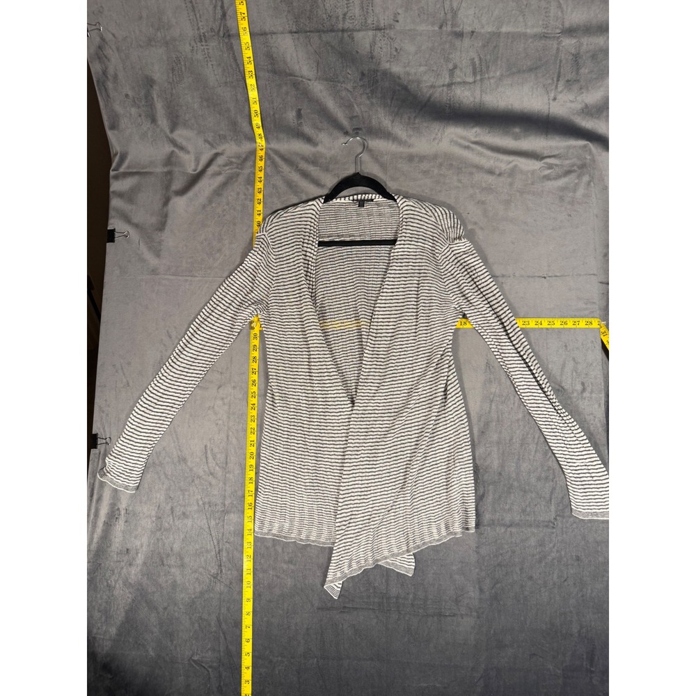 Eileen Fisher Cardigan Women M Grey White Striped Organic Linen Open Front Layer